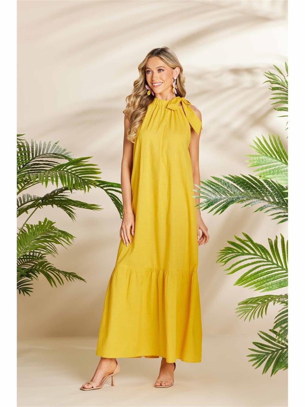 Mud Pie Sunny Yellow Tie-Neck Maxi Dress 100% cotton